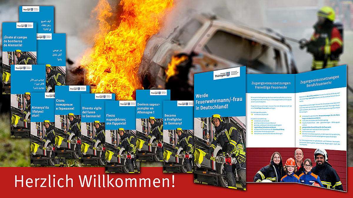Übersicht des Flyers zur Feuerwehr in verschiedenen Sprachen
